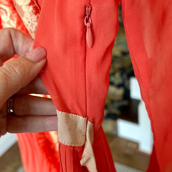 Free People Red Orange Sheer Chiffon Dress Lace Trim Ribbon Belt Womens Size 0 - Picture 11 of 16